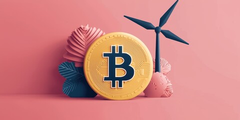 Poster - A vibrant illustration featuring a Bitcoin coin, wind turbine, and colorful foliage against a pink background, symbolizing the intersection of cryptocurrency and sustainability.