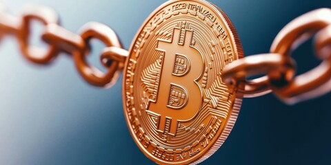 Poster - A close-up of a Bitcoin coin linked to a chain, symbolizing cryptocurrency and blockchain technology.