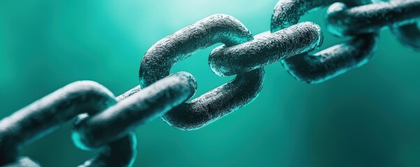 Poster - A close-up view of a metallic chain link against a turquoise background, showcasing texture and depth.