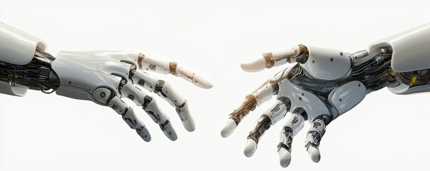 Poster - Two robotic hands reaching out towards each other, symbolizing connection and interaction in a technological context.