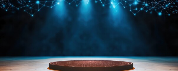 Poster - A spotlighted circular platform on a dark stage, illuminated by blue lights, creating a dramatic and captivating atmosphere.