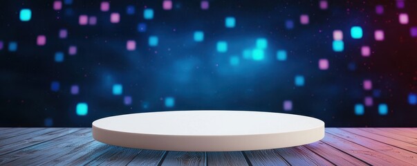 Poster - A circular platform on a wooden surface with a blurred background of colorful lights, creating a vibrant and dynamic atmosphere.