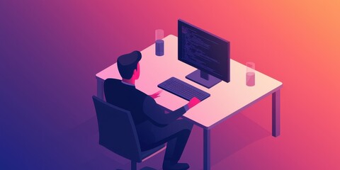 Poster - A digital illustration of a person working at a desk with a computer, surrounded by glasses of water, against a gradient background.