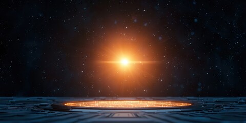 Poster - A glowing sun radiates light in a dark cosmic space, illuminating a circular surface below, creating a sense of mystery and wonder.