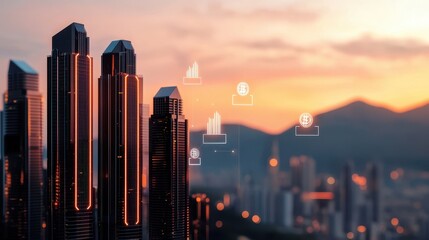 Fototapete - A modern city skyline at sunset with skyscrapers and digital icons, symbolizing technology and urban development.