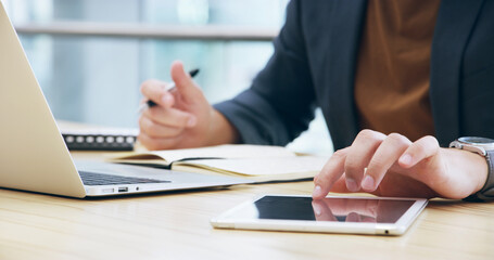 Aufkleber - Tablet, typing and research with hands of employee in office for client portfolio, investment banker and planning. Financial advisor, capitol report and profit with closeup of business person