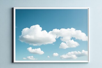wall poster mockup clear blue sky with white puffy clouds