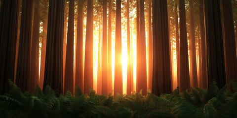 Aufkleber - A serene forest scene with tall trees bathed in golden sunlight, creating a peaceful ambiance among lush greenery.