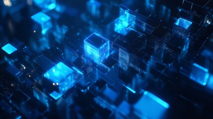 Poster - Glowing Blue Cubes Digital Network Abstract Background