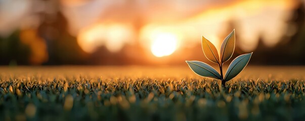 Poster - A small plant sprouts amid lush grass, illuminated by a warm sunset, symbolizing growth and renewal in nature.