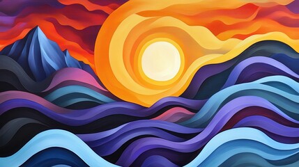 Aufkleber - A vibrant, abstract landscape featuring rolling waves and mountains under a striking sunset with bold colors.