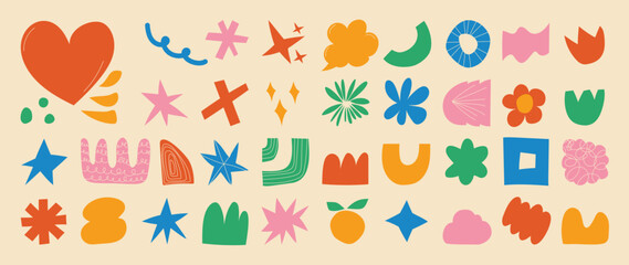 Aufkleber - Set of abstract organic shapes vector. Collection of contemporary figure, cloud, flower, sparkle, geometric shape in funky groovy. Cute hippie design element perfect for banner, print, stickers. 