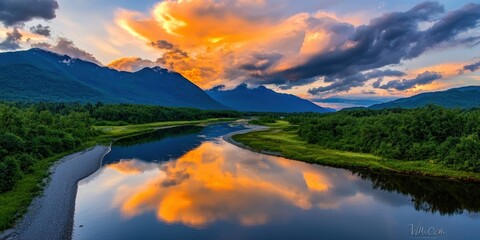 Poster - A scenic view of a river reflecting vibrant sunset colors, surrounded by lush greenery and majestic mountains under a cloudy sky.