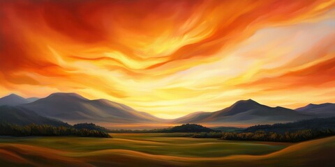 Poster - A vibrant sunset over rolling hills, showcasing warm hues of orange and yellow blending with the serene landscape below.