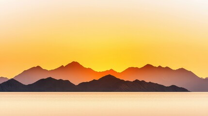 Aufkleber - A serene sunset over a range of mountains, casting warm orange and yellow hues across the sky and reflecting on the calm water below.