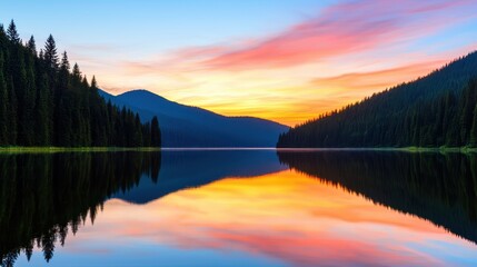 Aufkleber - A serene landscape featuring a lake surrounded by mountains, reflecting a vibrant sunset with colorful skies and lush greenery.