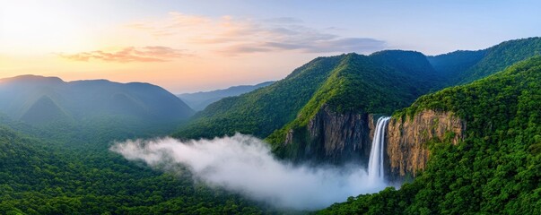 Poster - A stunning panoramic view of a waterfall nestled in lush green mountains, surrounded by mist and bathed in soft sunlight.