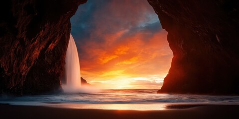 Poster - A stunning sunset view through a rocky cave, featuring a waterfall and vibrant colors reflected in the sky and water.