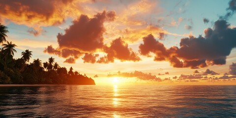 Aufkleber - A beautiful sunset over a tranquil ocean, with vibrant colors reflecting on the water and silhouettes of palm trees along the shore.