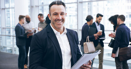 Aufkleber - Mature, portrait and businessman with documents at convention for corporate preparation or movement. Executive, happy man or company founder with smile, paperwork or staff for leadership at workplace