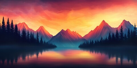 Poster - A serene landscape featuring vibrant mountains reflected in a lake at sunset, surrounded by lush forests and a colorful sky.