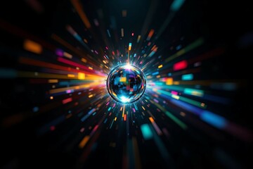 Fototapete - A glowing mirrored sphere radiates colorful light bursts outwardly in the darkness