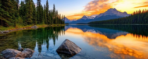 Poster - A serene landscape featuring a lake reflecting vibrant sunset colors, surrounded by tall trees and majestic mountains.