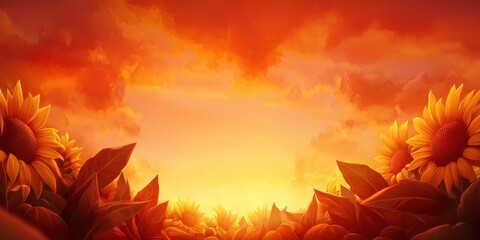 Poster - A vibrant sunset illuminates a field of sunflowers, creating a warm, serene atmosphere filled with golden hues and soft clouds.