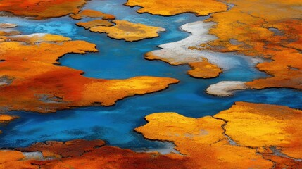 Poster - A vibrant aerial view of a landscape featuring deep blue water interspersed with patches of orange and yellow hues, resembling abstract art.