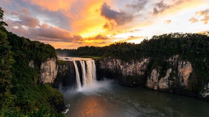 Poster - A stunning waterfall cascades down rocky cliffs, surrounded by lush greenery, with a vibrant sunset illuminating the sky.