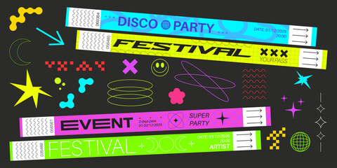 Poster - Festival party bracelet sticker designs - colorful admission wristbands, passes with trendy minimalistic geometric shapes, fun symbols, patterns. Neon colors bright modern disco vibe event tickets.