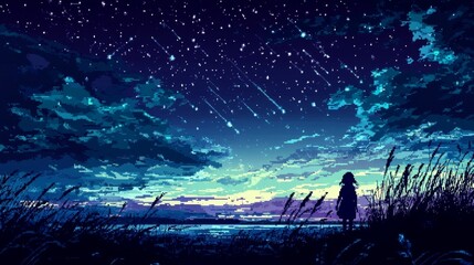 Wall Mural - Vibrant pixel art showcasing a celestial theme of stars shining in the dark.