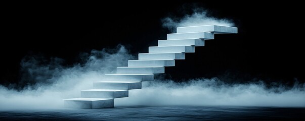 Poster - A stairway spiraling into the sky, each step changing into a different material glass, stone, clouds, water dreamlike surrealism, hyper-realistic details, high-definition textures, fine-art
