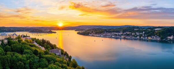 Poster - A stunning sunset over a peaceful river, with reflections on the water and lush greenery along the banks, creating a serene landscape.