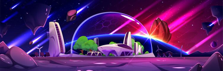 Poster - Space station on Mars - futuristic base with glowing dome modules, rock formations, trees, energy beams in starry sky. Alien planet cosmic landscape vector illustration for sci fi game background.
