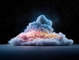 Poster - A celestial cathedral floating in space, made entirely of constellations and cosmic dust, glowing softly as nebulae swirl around it, deep space surrealism, stunning high-detail, ultra-HD,