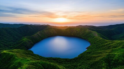 Poster - A stunning aerial view of a serene volcanic crater lake surrounded by lush greenery under a colorful sunset sky.