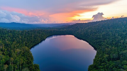 Poster - A stunning aerial view of a serene lake surrounded by lush forests, illuminated by a vibrant sunset sky.