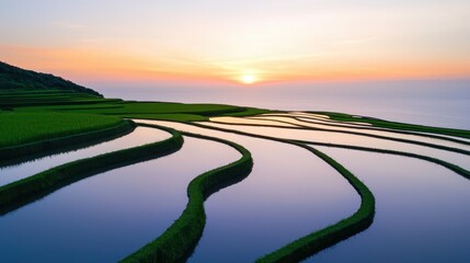 Poster - A stunning sunset over terraced rice fields, reflecting vibrant colors in the water, showcasing serene beauty and natural harmony.