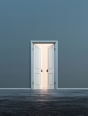 Poster - A door in the middle of an endless desert, opening to reveal an entirely different world beyond, glowing with unknown energy, fine-art surrealism, dreamlike atmosphere, ultra-detailed textures,