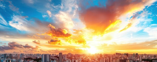 Poster - A vibrant sunset casts a golden glow over a city skyline, blending orange, pink, and blue hues as day transitions into night.