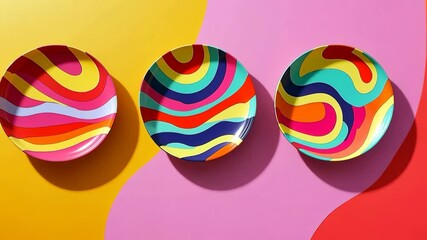 Poster - Three colorful plates with a wave pattern on them are arranged on a yellow and pink background. The plates are placed in a row, with the middle one slightly overlapping the other two