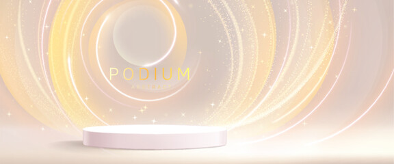 Poster - White round podium stage on pastel gold swirling lines background with sparkling stars. Minimal elegant 3d cosmetic product display, fashion show, award ceremony. Soft light curves for festive design.