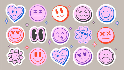 Poster - playful emoticon face sticker pack in vibrant colors and retro groovy style. fun trendy round icons 