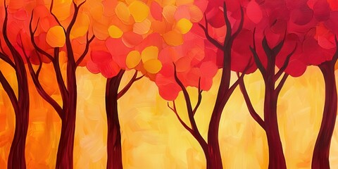 Poster - A vibrant painting of autumn trees with red and orange foliage against a warm yellow background, evoking the beauty of fall.