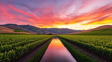 Aufkleber - A stunning sunset over a vineyard, with vibrant colors reflecting on a tranquil waterway amidst lush green fields and rolling hills.