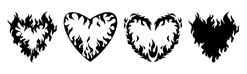 Poster - flame heart silhouettes - burning love symbols, passionate romantic shapes filled with fire patterns