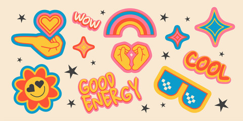 Poster - groovy retro stickers set isolated on background. vector illustration of flat rainbow, heart, star, 