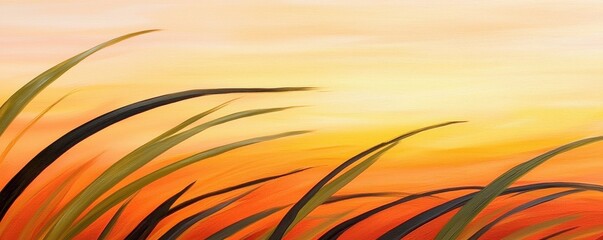 Poster - A serene sunset scene with gently swaying grass, blending warm hues of orange and yellow against a soft background.