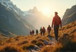 © natakot - A group of hikers walks along a scenic mountain trail at sunrise, surrounded by towering peaks and golden light. The scene reflects adventure, teamwork, and the beauty of nature.